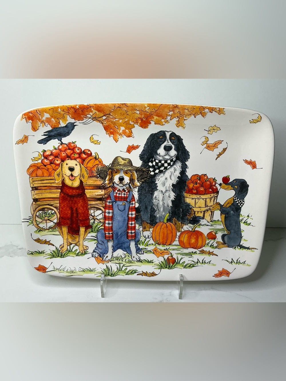 Certified International Ceramic Rectangular Platter Fall Autumn Dogs 15" x 10"
